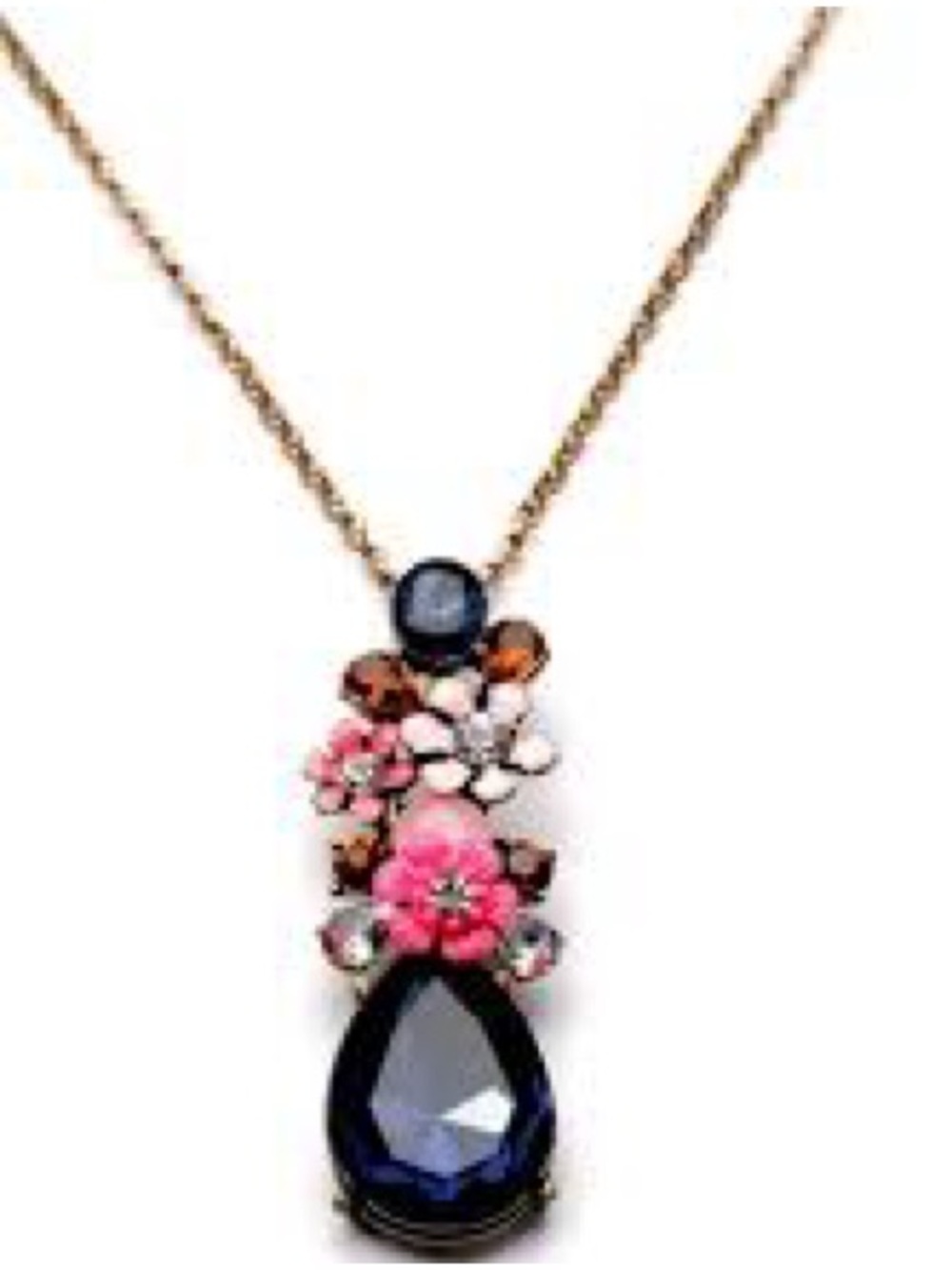 J. Crew Gold-Tone Necklace with Pink Flowers & Blue Teardrop